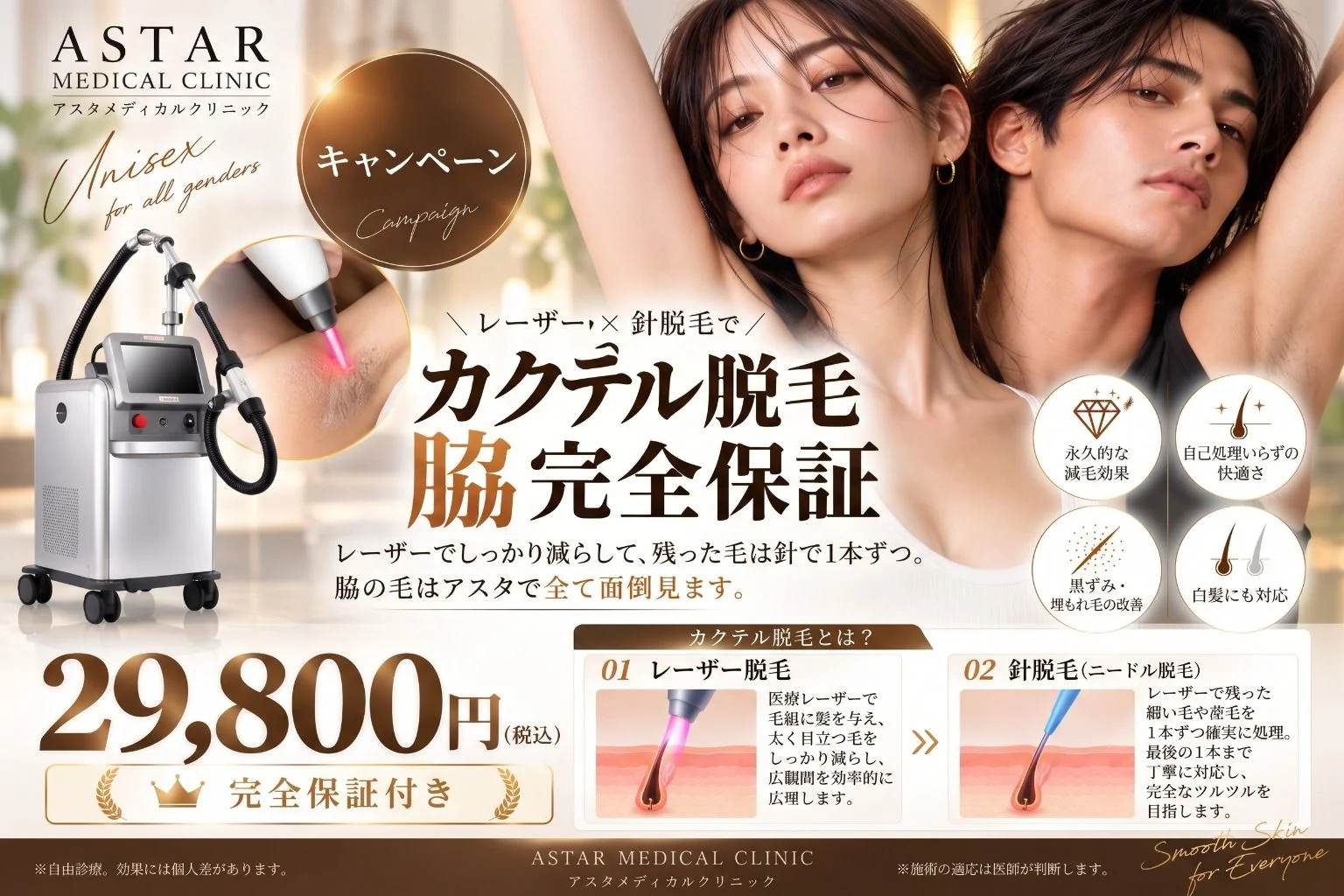 11月キャンペーン ワキのカクテル脱毛(レーザー脱毛×医療針脱毛)39,800円(税込)